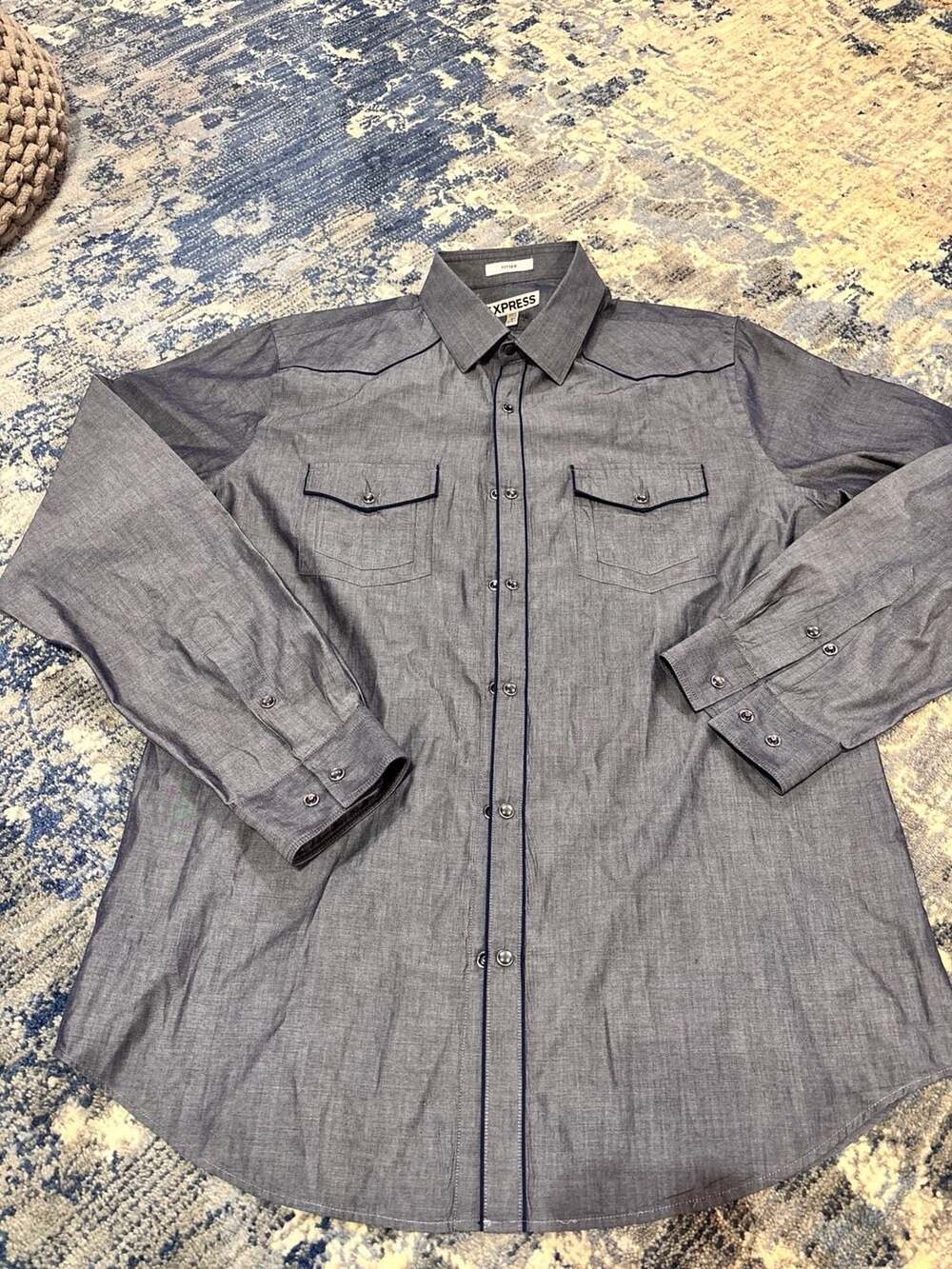 Express Fitted Long Sleeve pearl snap Retro Shirt 16-16.5 Gray
